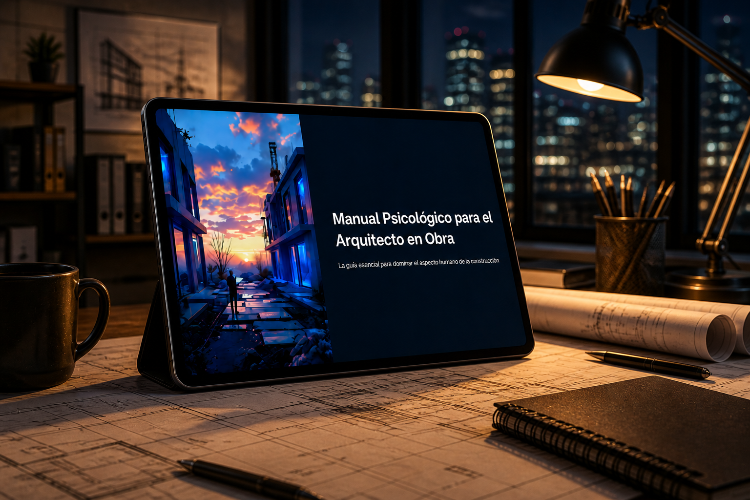 Mockup del Manual Psicológico para el Arquitecto en Obra mostrado en una tablet